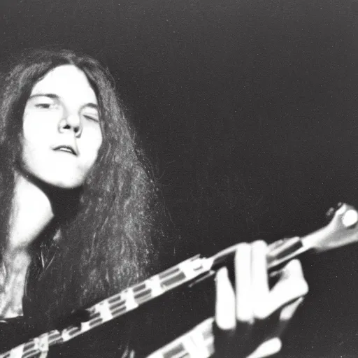 Image similar to 19-year-old girl, long shaggy black hair, playing electric guitar, stoner rock concert, proto-metal, doom metal, live on stage, super 8mm, 1973