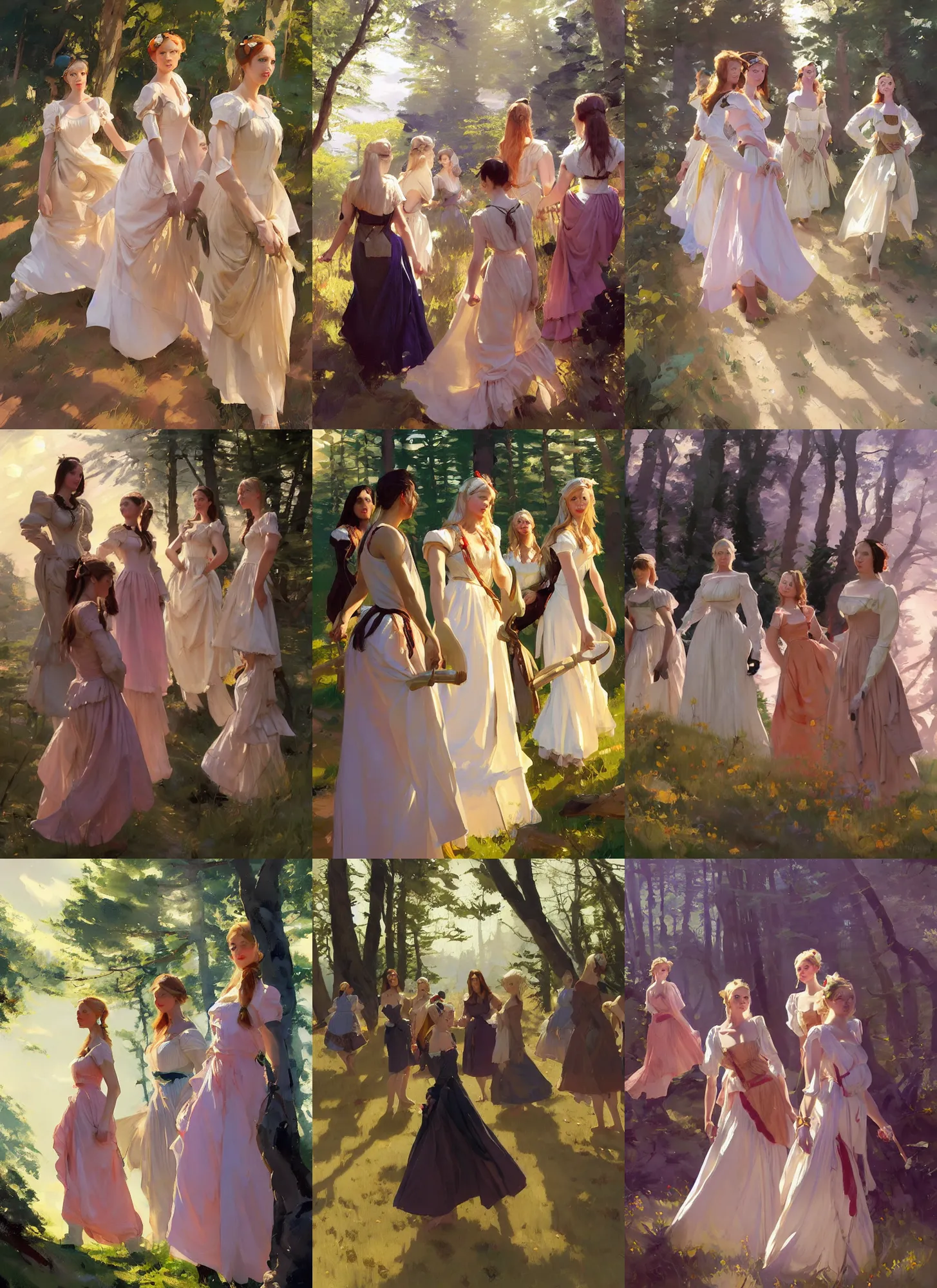 Prompt: group of beautiful ukrainian scandinavian attractive glamour models wearing as village maidens in 1 7 th century bodice with low neckline walking in the woods at sunset, jodhpurs greg manchess painting by sargent and leyendecker, studio ghibli fantasy medium shot asymmetrical intricate elegant matte painting illustration hearthstone, by greg rutkowski by greg tocchini by james gilleard