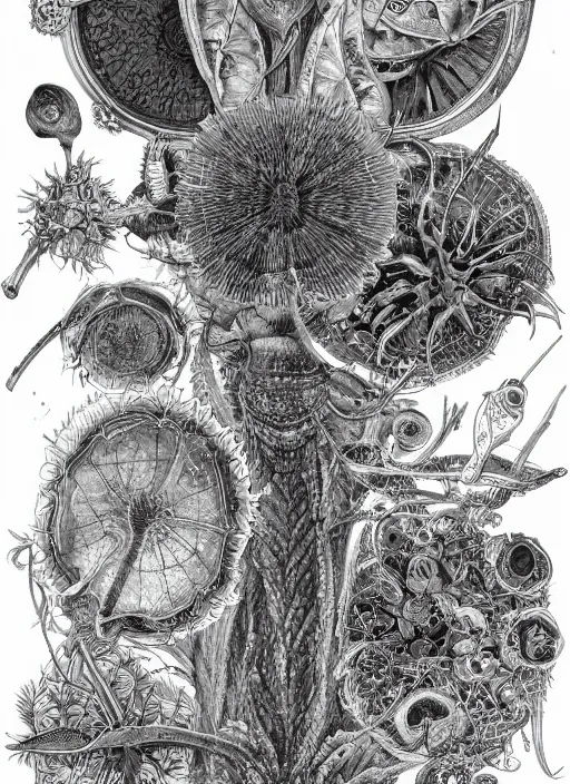 Image similar to black and white botanical art of mysterious and arcane mechnical items. composition, boho mystical, fine lines, very high details