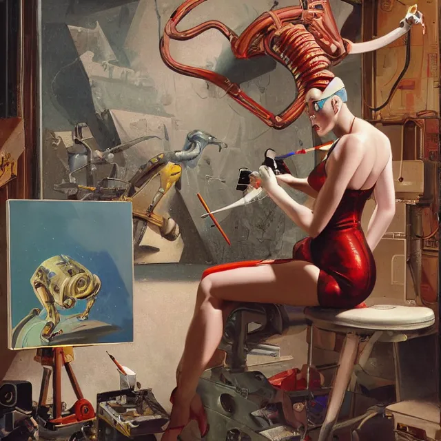 Prompt: robot artist painting a self - portrait on a canvas. intricate, detailed, digital matte painting in the style of gil elvgren and in the style of wayne barlowe. irony, recursion, inspiration.
