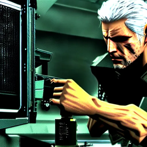 Image similar to drebin893 metal gear solid trying to build a desktop computer with scientific equipment close up