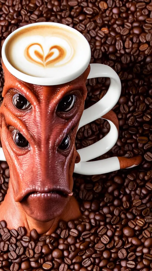 Image similar to a mug of coffee with a milk portrait of jar jar binks in it. style of latte foam art, with a focus on jar jar's floppy ears. color harmony, 8 k detail, gallery quality, hd wallpaper, premium prints available, hyper - detailed, intricate design.