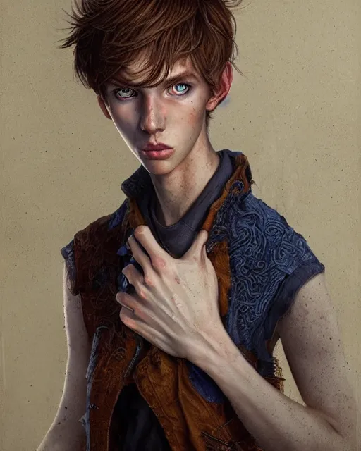 Image similar to portrait of tall, thin, 1 5 - year - old boy with a long nose, a lot of freckles, fiery red hair, and bright blue eyes, hyper realistic face, beautiful eyes, fantasy art, in the style of greg rutkowski, intricate, hyper detailed, smooth