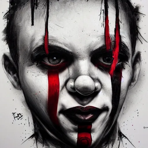 Prompt: Portrait of a young Clown that has an expression of joy with black tears on his face by Guy Denning by Artgerm