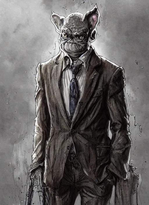 Image similar to portrait, an ugly goblin in an oversized suit and tie, watercolor, dramatic lighting, cinematic, establishing shot, extremely high detail, foto realistic, cinematic lighting, pen and ink, intricate line drawings, by Yoshitaka Amano, Ruan Jia, Kentaro Miura, Artgerm, post processed, concept art, artstation, matte painting, style by eddie mendoza, raphael lacoste, alex ross