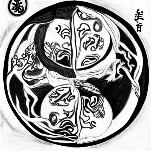 Prompt: a drawing of a woman giving birth to yin - yang daoist symbol, black and white detailed pencil drawing gaia