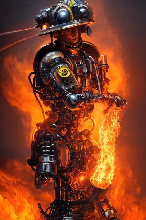 Image similar to a beautiful ultra detailed fine art portrait of a futuristic mechanical cybernetic fireman cyborg against backdrop of flames fire, by tom bagshaw and anna dittman, firefighter outfit uniform, flying amber, studio lighting, firefighter, golden ratio composition, 3 5 mm lens, cybernetic scifi, deep depth of field, artstation, 8 k