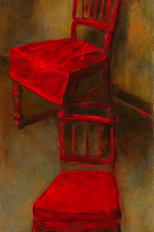 Image similar to an empty red dress laid across a chair in a dark victorian era room. in the style of american impressionism painting.