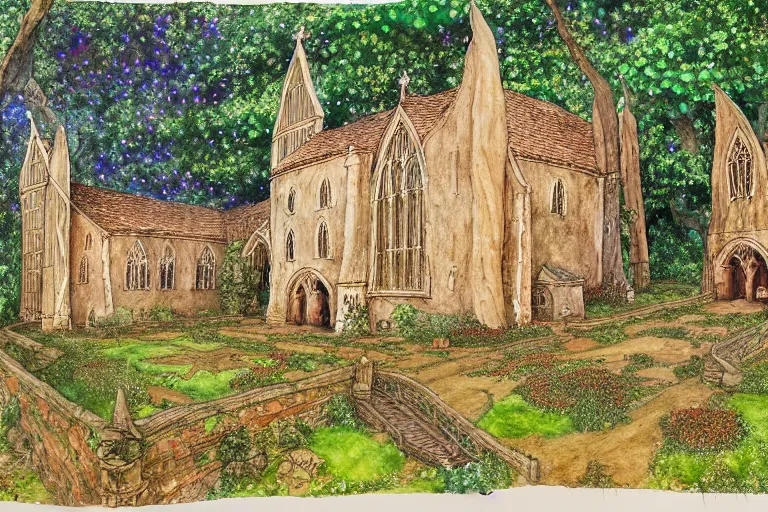 Prompt: an elaborate and dense painting of the peaceful redwall abbey in mossflower wood, detailed, made of alcohol ink on parchment and penned illustrations, by brian jacques and greg rutowski