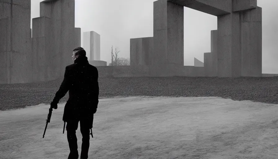 Image similar to concept art in the style of jon mccoy of the next james bond film featuring an older pierce brosnan, who is in tactical winter gear walking towards a brutalist structure in the distance, highly detailed, 8 k