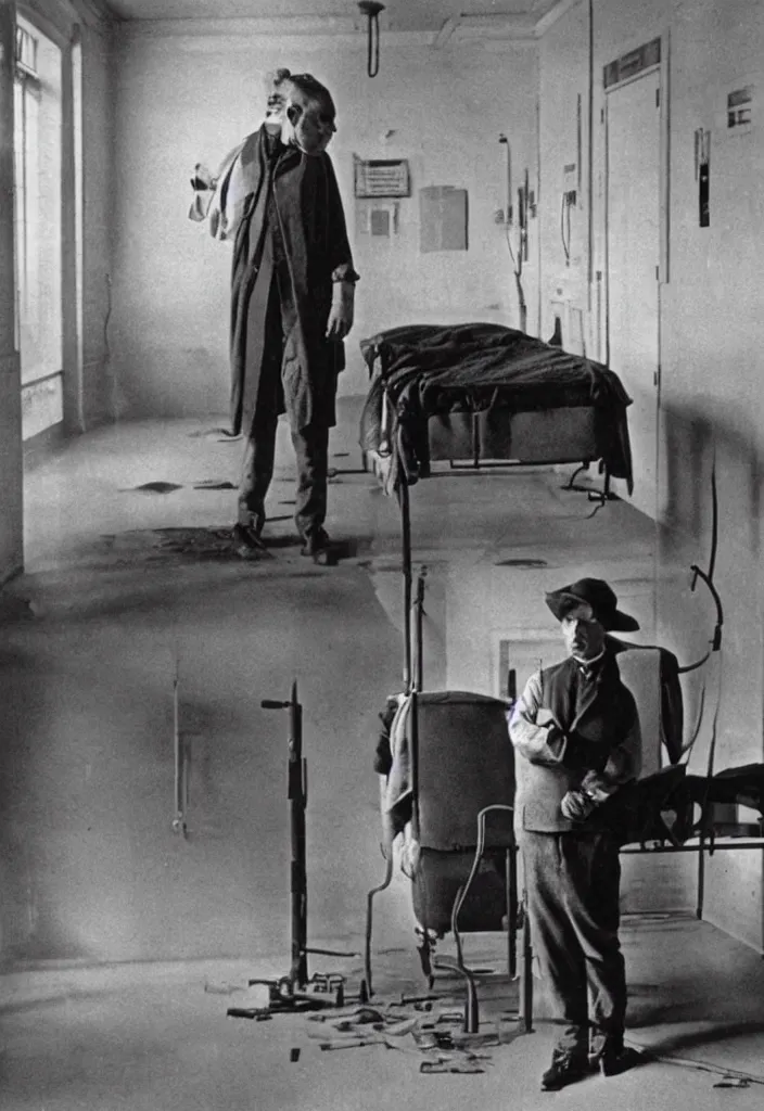 Prompt: 1920s photograph of a disgruntled Gregory House standing in an empty hospital, highly detailed photograph, punk inspired, 108 megapixels, realistic