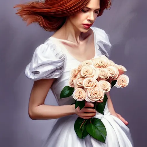 Image similar to portrait of a gorgeous woman holding a bouquet of roses in the style of stefan kostic, auburn hair, intricate, white dress, elegant, highly detailed, 8 k, art by artgerm, mark hill