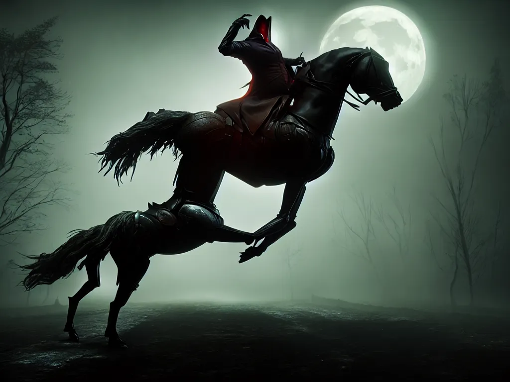 Image similar to headless horseman sleepy hollow, science fiction industrial hard science concept art, 8K render octane high definition cgsociety, photorealistic, unreal engine