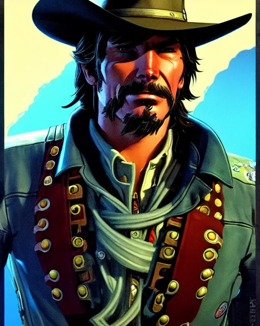 Prompt: mccree from overwatch, space cowboy, character portrait, portrait, close up, concept art, intricate details, highly detailed, vintage sci - fi poster, retro future, in the style of chris foss, rodger dean, moebius, michael whelan, and gustave dore