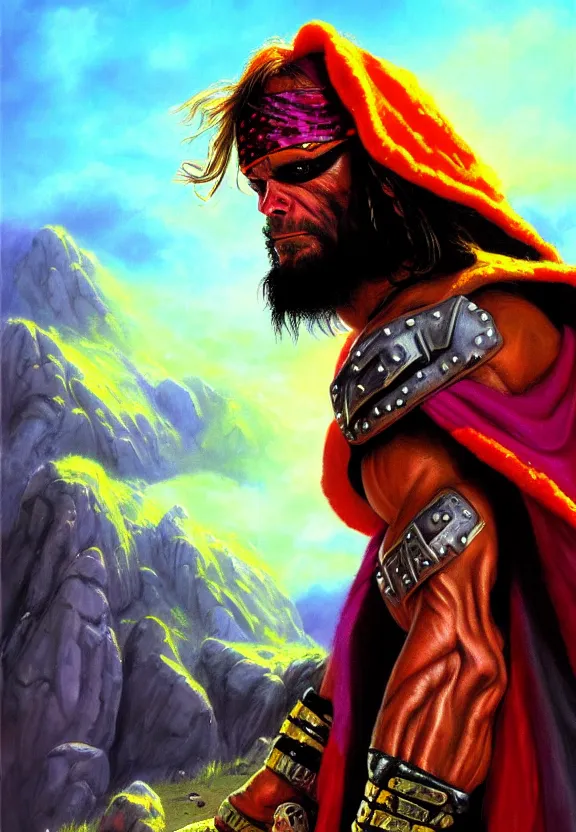 Image similar to a solitary macho man randy savage wearing a colourful heavy cloak alone full body rocky desolate wasteland | portrait | fantasy impressionist oil painting | matte painting | matte drawing | middle earth | pathfinder | featured on artstation deviant art | sword and sorcery | pintrest | conan | darksun | d & d dungeons and dragons | barbarian