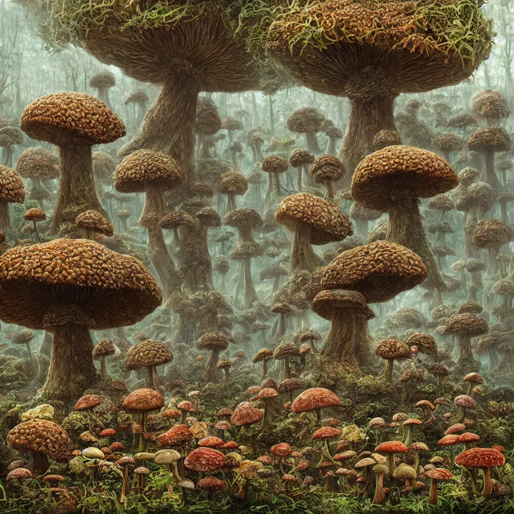 Prompt: the big mushroom, a beautiful hyper realistic detailed concept art of a fractal eldritch and fascinating mushroom forest with morels at foreground and amanitas and puffballs and psilocybes and reishi and spores on several floors by andreas rocha and john howe and dan mumford and albert bierstadt, nausicaa, ultrawide angle, artstation, pinterest