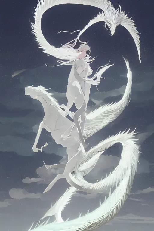 Prompt: vanishing point, white hair eva riding on the white dragon's neck ready to fight, by victo ngai and makoto shinkai, partner, global illumination, radiant light, minimalist, unreal engine 5, concept art ，, digital painting, artstation, smooth, sharp foccus, artstation hq