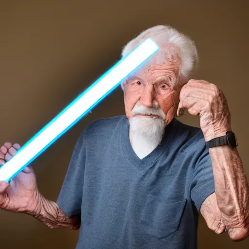 Prompt: elderly man with lightsaber, nursing home, canon eos r 3, f / 1. 4, iso 2 0 0, 1 / 1 6 0 s, 8 k, raw, unedited, symmetrical balance, wide angle