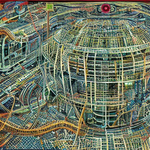 Prompt: hyper detailed aerial top down comic illustration of a man eaten by a machine in the centre of the composition, encircled by cybernetic gateways, by peter doig, very detailed, 4k, highly detailed