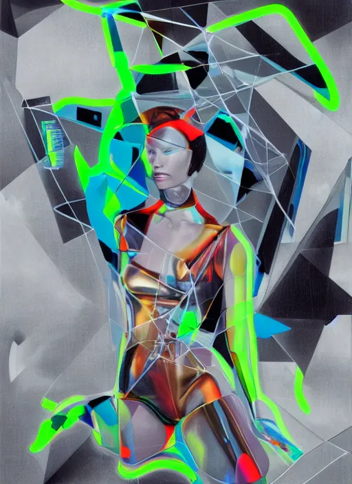 Image similar to futuristic lasers tracing, data visualization, laserpunk fullbodysuit,, pyramid visor, raindrops, wet, oiled, beautiful cyborg girl pinup, by steven meisel, kaws, james jean, rolf armstrong, cubist perfect geometry abstract acrylic, hyperrealism photorealistic airbrush collage painting, monochrome, neon fluorescent colors, rule of thirds, eighties eros