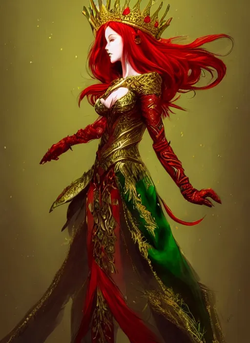 Image similar to Full body portrait of a beautiful red haired elven queen wearing red, green and gold queen dress and elaborate golden crown, bored look. In style of Yoji Shinkawa and Hyung-tae Kim, trending on ArtStation, dark fantasy, great composition, concept art, highly detailed.