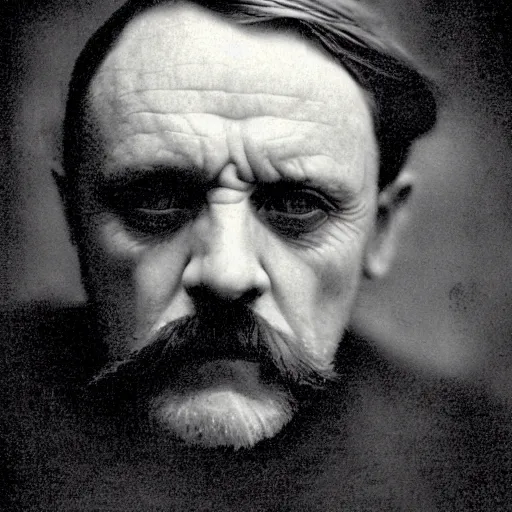 Image similar to headshot edwardian photograph of anthony hopkins, bill skarsgard, arthur shelby, terrifying, scariest looking man alive, 1 8 9 0 s, london gang member, slightly pixelated, angry, intimidating, fearsome, realistic face, peaky blinders, 1 9 0 0 s photography, 1 9 1 0 s, grainy, blurry, very faded