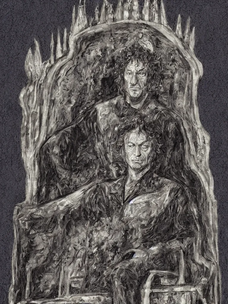 Image similar to portrait of king neil gaiman on his throne, in the style of mike dringenberg and dave mckean