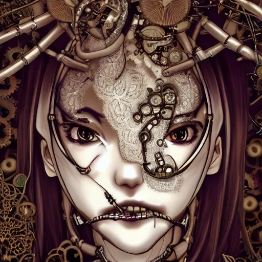 Prompt: surreal manga anime photo portrait of complex bio-mechanical beautiful young female skeletal cyborg with a Mandelbrot fractal steampunk metal fine lace face, retrofuturistic depressing, floral foliage super big lace collar, rococo, steampunk, 8k