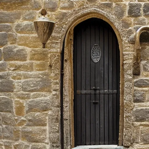 Image similar to A ajar door with a sleeping human face hangs on loops, medieval style, dramatic lighting, medieval style, dramatic lighting