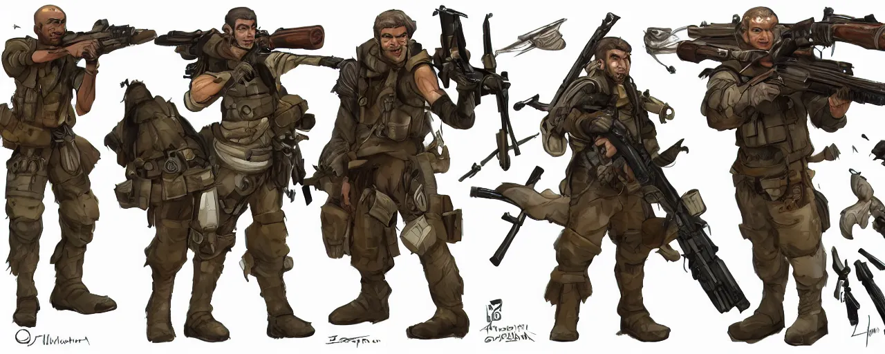 Prompt: A character sheet of a mercenary with short brown hair olive skin while wielding a giant sniper rifle, concept art, anime, Highly Detailed.