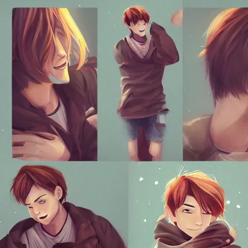 Image similar to The boywearing regular clothes,brownl hair,happy,bright,soft,By rossdraws