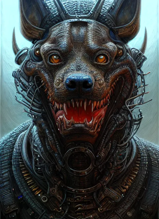 Prompt: closeup portrait shot of a hellhound in a scenic dystopian environment, intricate, elegant, highly detailed, centered, digital painting, artstation, concept art, smooth, sharp focus, illustration, artgerm, tomasz alen kopera, peter mohrbacher, donato giancola, joseph christian leyendecker, wlop, boris vallejo