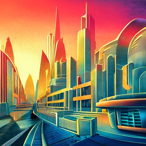 Image similar to futuristic art deco city, realistic style, bold colors, at golden hour