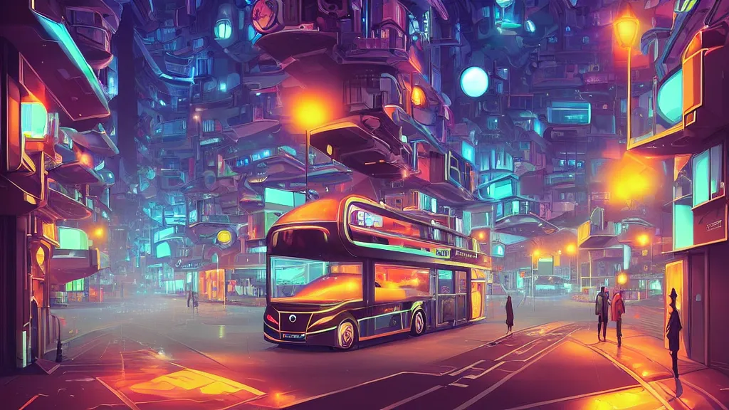 Image similar to street view of futuristic robot london city at night by cyril rolando and naomi okubo and dan mumford and zaha hadid. robots. robots walking the streets. advertisements for robots. robotic elegant lamps. robotic double decker bus.