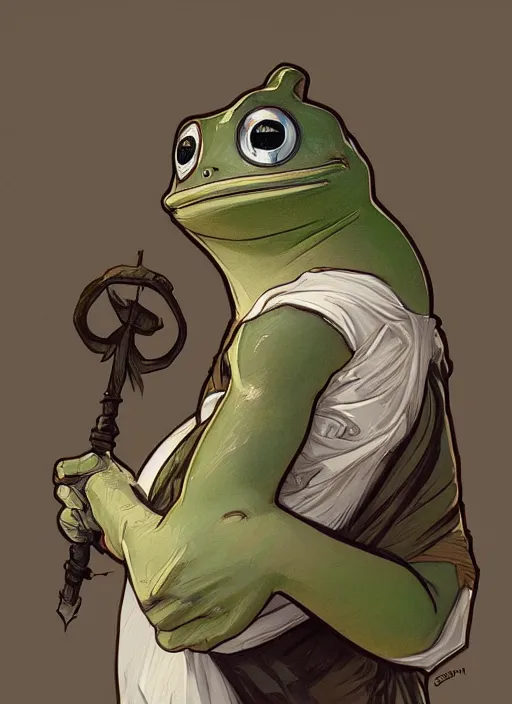 Image similar to digital character concept art by artgerm and greg rutkowski and alphonse mucha. portrait of pepe the frog, like a young god, beautiful, holding a staff, detailed, poster art, light effect, glowing, hyper detail, intricate, elegant, digital painting, artstation, smooth, sharp focus