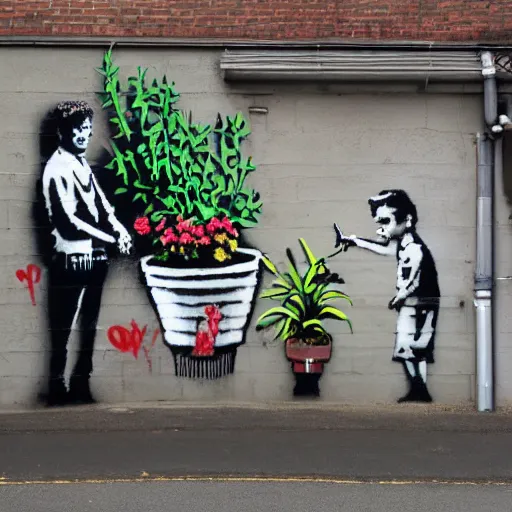 Image similar to a banksy mural of bill and ben the flowerpot men