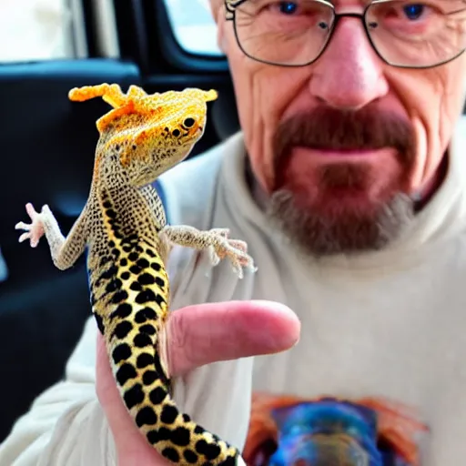 Image similar to walter white holding a leopard gecko