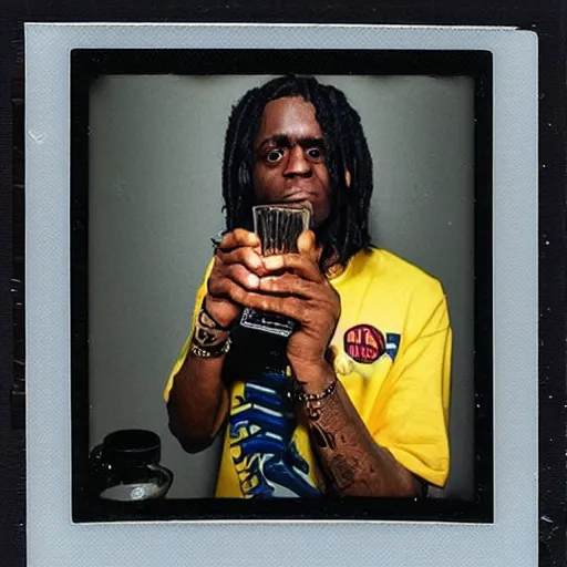 Prompt: chief keef drinking a glass of wockhardt cough syrup, polaroid