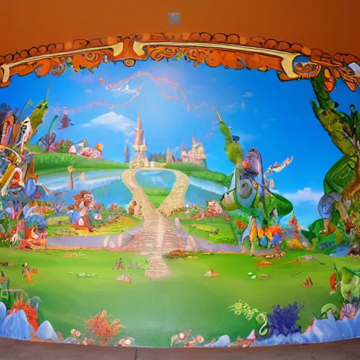 Image similar to a mural wall art design of a storybook fantasyland