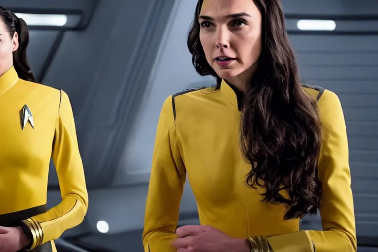 Image similar to Gal Gadot, wearing a yellow uniform, is the captain of the starship Enterprise in the new Star Trek movie