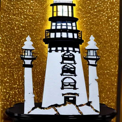 Image similar to an ornate lighthouse table statue, detailed with white and gold filagree and goldleaf decorative elements, sitting on a desk, painstaking detail, black lacquer, glossy shiny reflective, splashed with graffiti art