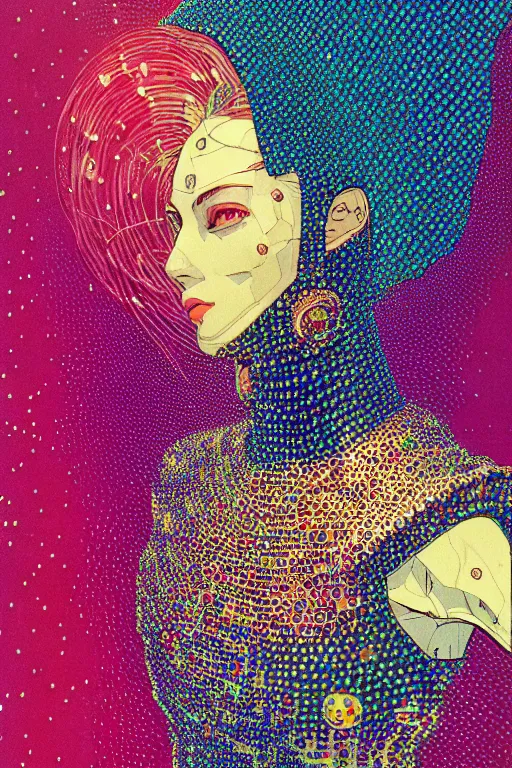 Image similar to risograph grainy drawing vintage sci - fi, satoshi kon color palette, gigantic beautiful bejeweled armored woman full - body covered in colourful gems, 1 9 6 0, kodak, metal wires, natural colors, codex seraphinianus painting by moebius and satoshi kon and alberto mielgoб extreme close - up portrait