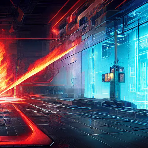 Image similar to raging flames in cyberspace, detailed digital illustration by greg rutkowski, android netrunner