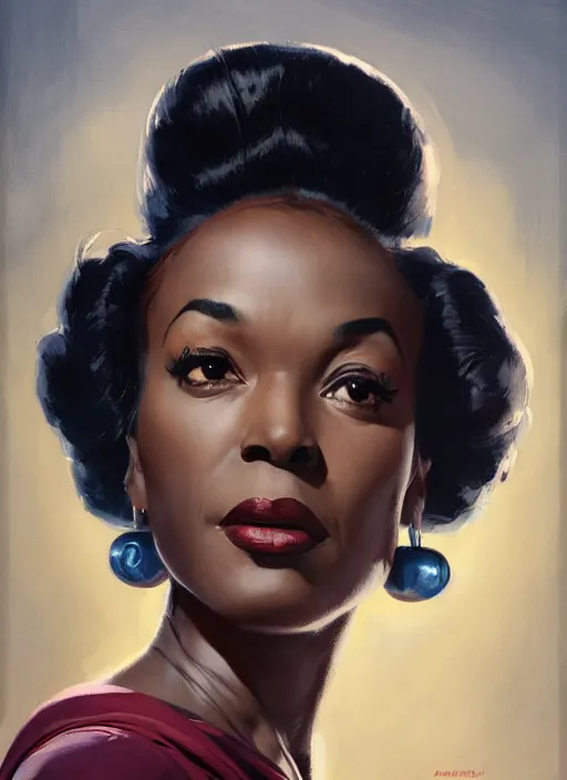 Prompt: head portrait of 5 0 s scifi elegant mature black woman, cinematic, detailed, dynamic, norman rockwell, adebanji alade, everett raymond kinstler, artgerm, daniel gerhartz, greg rutkowski, pulp science fiction illustration