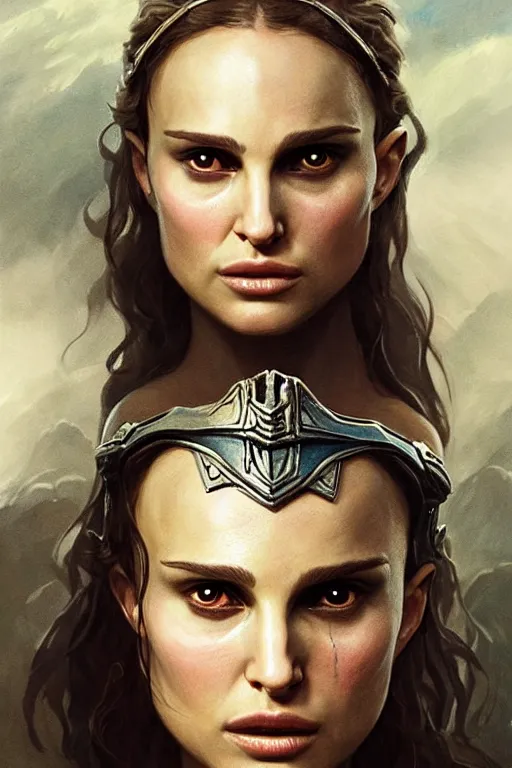 Image similar to natalie portman, legendary warrior, heroic, lord of the rings, tattoos, decorative ornaments, battle armor, by carl spitzweg, ismail inceoglu, vdragan bibin, hans thoma, greg rutkowski, alexandros pyromallis, perfect face, fine details, realistic shading photorealism