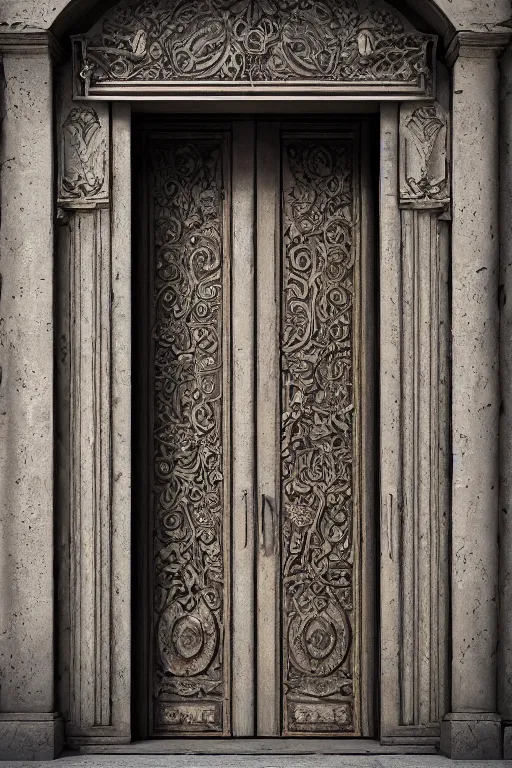Image similar to a huge old heavy weathered wooden door made with rush plant ornaments in bright metalllic element, ornate, fantasy, photorealistic, octane render, volumetric light, high definition, ultra detailed, artstation, deviantart, cgsociety