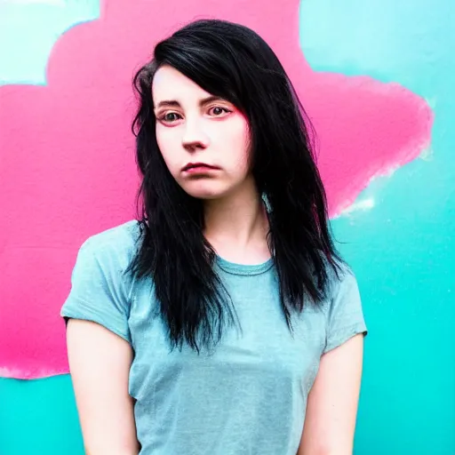 Image similar to a photo of a young woman with short wavy black hair. moody and melanchonic. with a little bit of cyan and pink