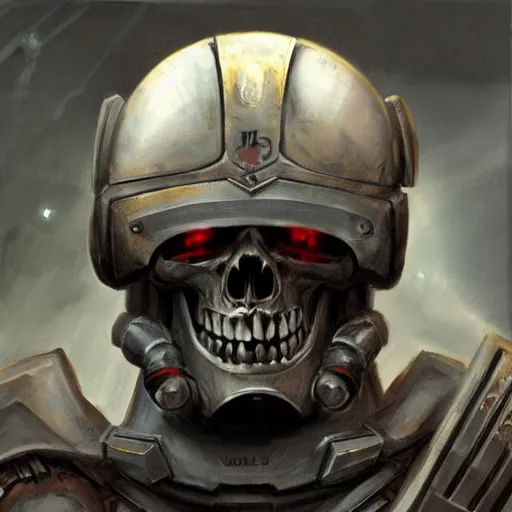 Prompt: space marine, knight, skull helmet, terminator, terrifying, grimdark, horror, war, photorealistic, front view, symmetrical, artstation, art by brom