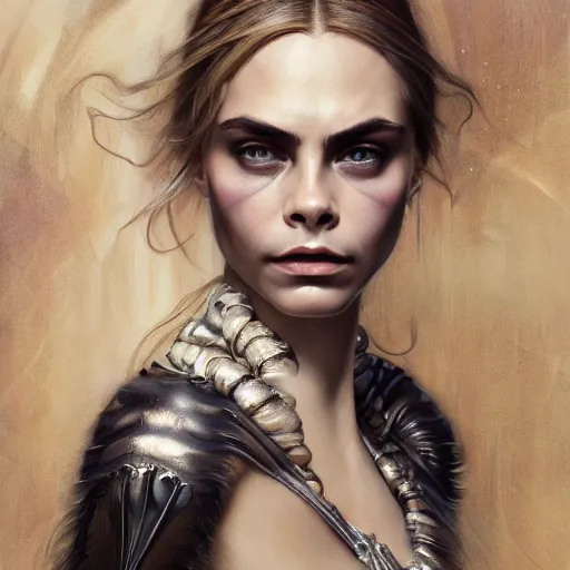 Image similar to Cara Delevigne, physically accurate, dynamic lighting, intricate, elegant, highly detailed, digital painting, artstation, HR GIGER, Hieronymus Bosch, Francis Bacon, concept art, smooth, sharp focus, illustration, art by artgerm and greg rutkowski and alphonse mucha