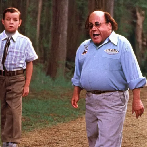 Image similar to A movie still of Danny Devito as Forrest Gump in Forrest Gump (1994)